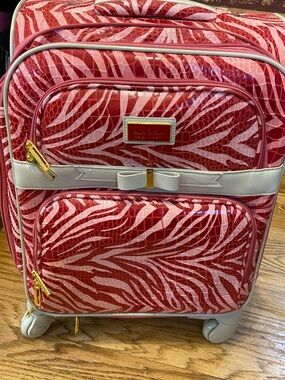 Nicole Miller 21” Red and Light Pink Zebra-Print suitcase with Bow Accent new